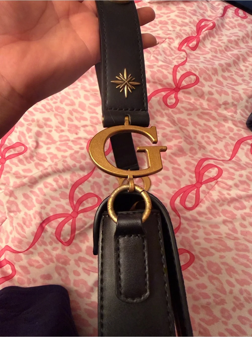 GUESS Black & Brown Monogram Shoulder Bag with Gold Hardware